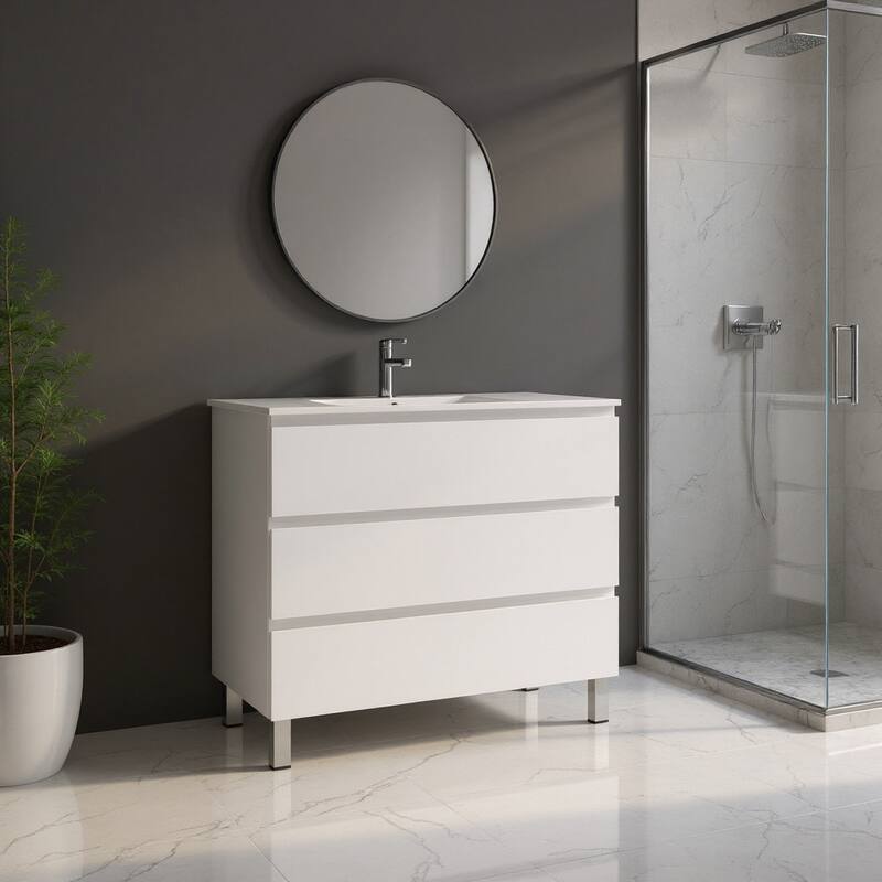 HomeRoots 36" White Wood Freestanding Bathroom Vanity With White Sink And Three Drawers - 36.00 in. x 39.06 in. x 17.88 in. - 36.00 in. x 39.06 in.  x 17.88 in. - Polished - White