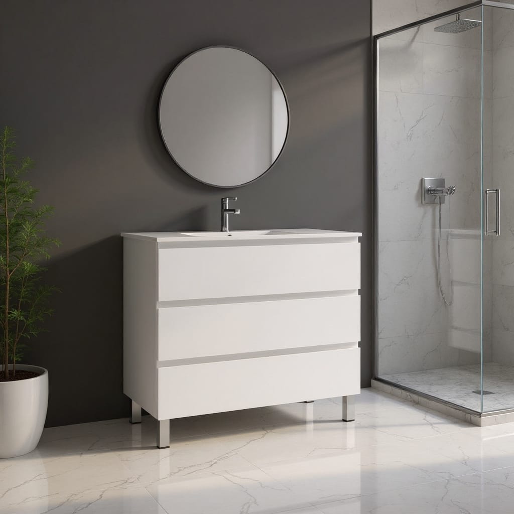 HomeRoots 36" White Wood Freestanding Bathroom Vanity With White Sink And Three Drawers - 36.00 in. x 39.06 in. x 17.88 in.