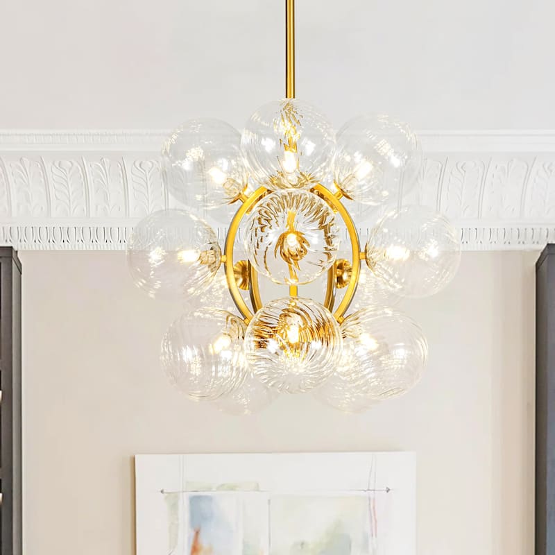 15-Light Brushed Gold Modern Luxury Twisted Glass Globe Iron Chandelier with Adjustable Rod for Living & Dining Rooms
