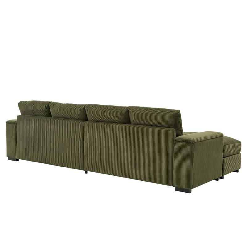 U-shaped corduroy sofa with removable footstool and storage armrests