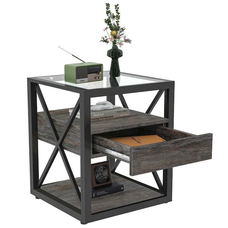 Set of 2 Modern End Table with Drawer - Nightstand,Rustic Wood Grain MDF & Tempered Glass Top,Industrial Style Side Table