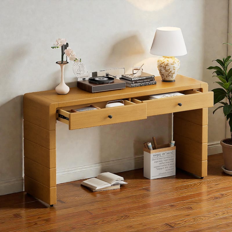 Curved Farmhouse Console Table with Storage, Wooden Entryway Table with 2 Drawers for Hallway
