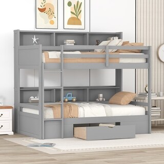 Twin Size Bunk Bed with Built-in Shelves and Storage Drawer, Space-Saving Design, Sturdy Frame, Easy Assembly, Grey
