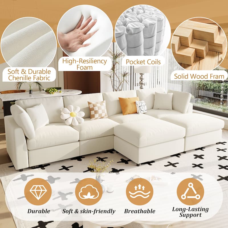 130" Large U-Shaped Modular Sectional Sofa with 2 Ottomans, Chenille Fabric Couch for Living Room & Home Theater