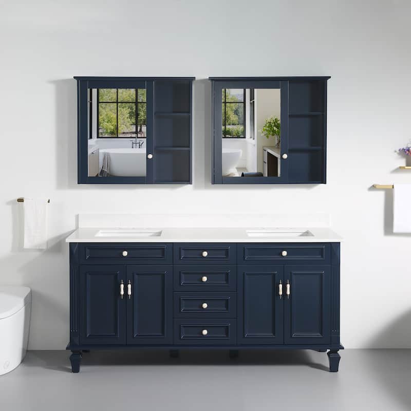 35'' H Solid Wood Bath Vanity with Stain-resistant Carrera White Quartz Top and Double Sink - Navy Blue-72"W