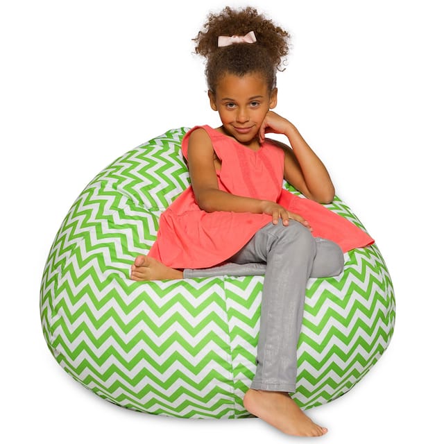 Kids Bean Bag Chair, Big Comfy Chair - Machine Washable Cover - 38 Inch Large - Pattern Chevron Green and White