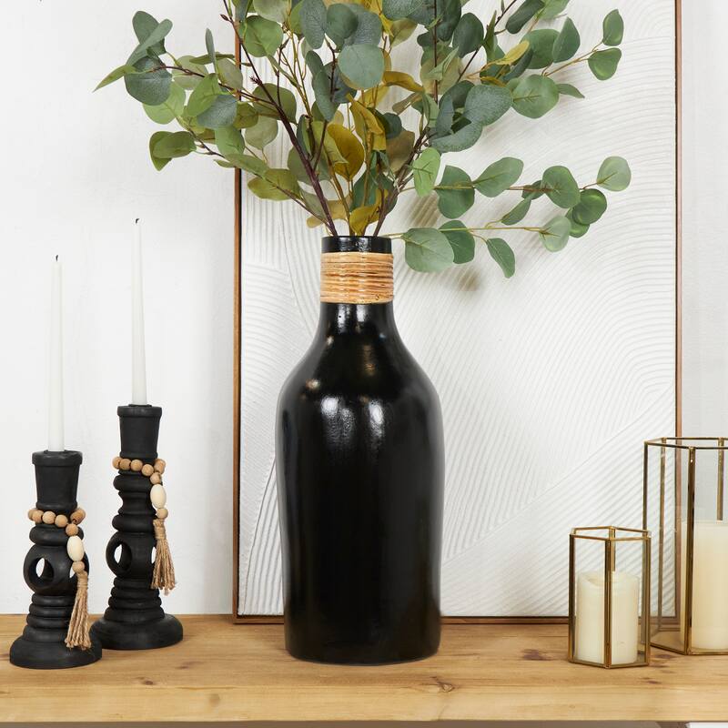 Modern Black Ceramic Vase with Stylish Wrapped Rattan Detailing