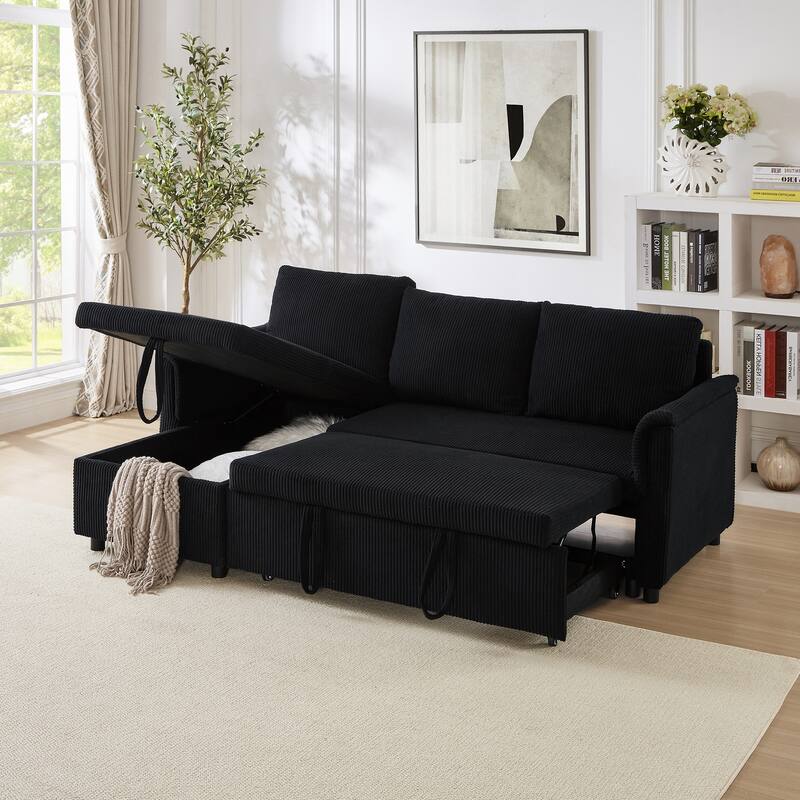 L-Shaped Loveseat Sofa with Chaise, Modular Sectional Couch, Convertible Sleeper Sofa with Pull-Out Bed, Storage