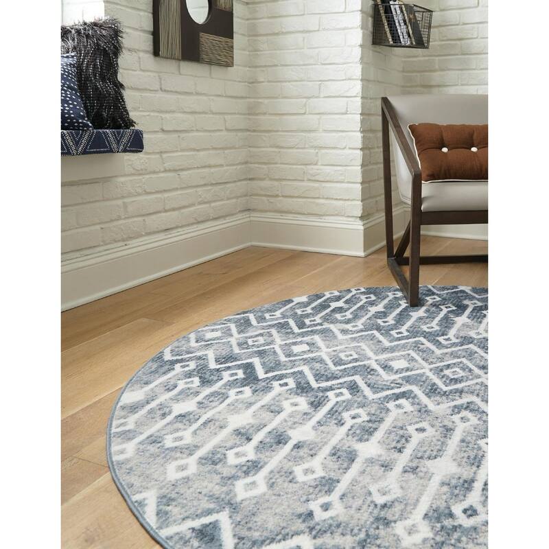 Contemporary Pico Collection Area Rug - 5'3" Round - Blue-Ivory