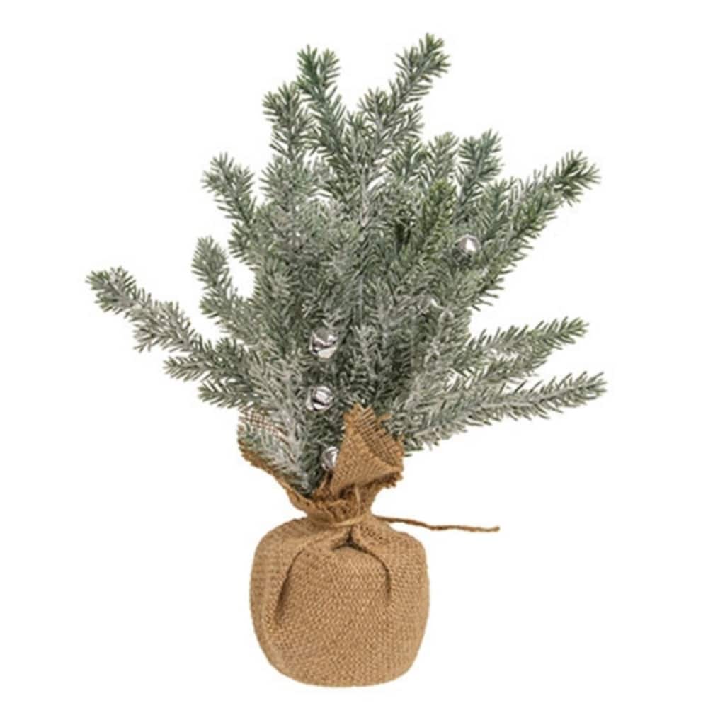 Faux Pine Snowy Flocked Tabletop Christmas Tree with Jingle Bells Burlap Base Rustic Holiday Décor