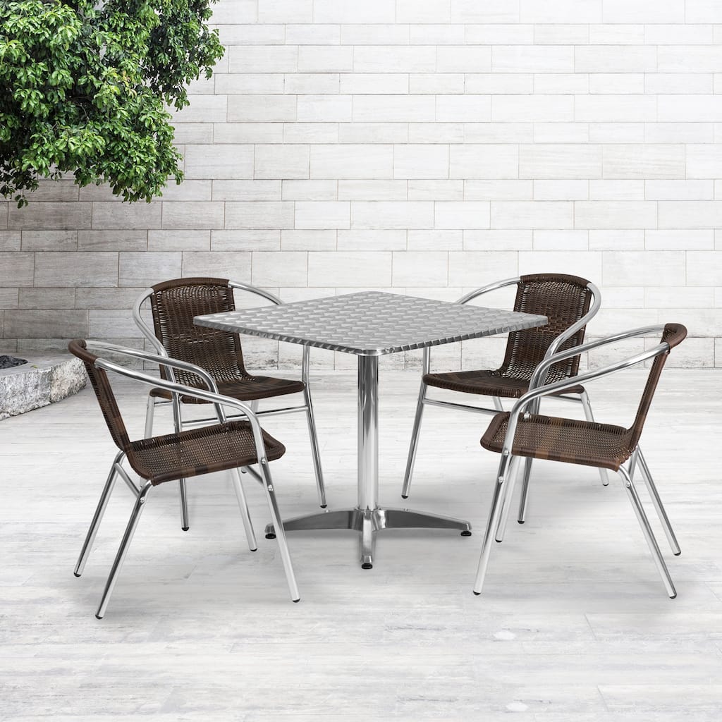 31.5'' Square Aluminum Indoor-Outdoor Table Set with 4 Rattan Chairs - 31.5"W x 31.5"D x 27.5"H