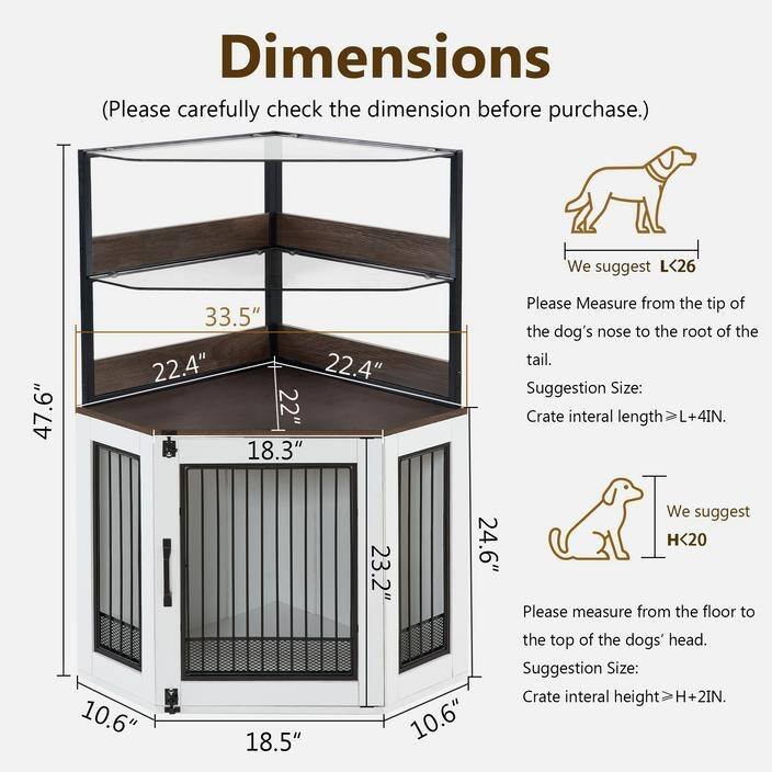 MCombo Corner Dog Crate Furniture with Glass Shelves, Wooden Dog Kennel Furniture with Door, Pet Crate Indoor Use, CN28 - Small