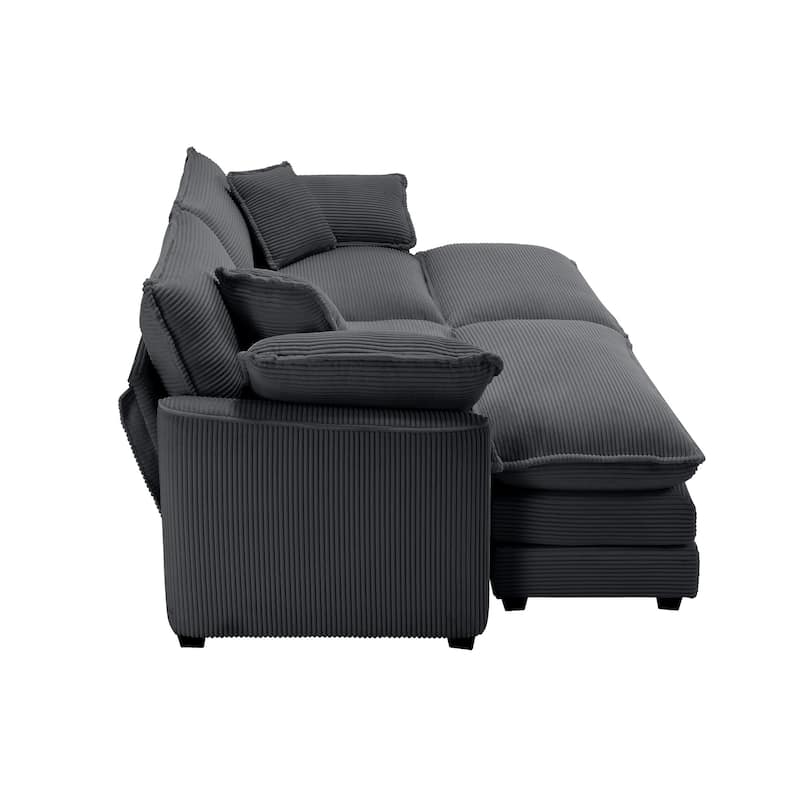 GDFStudio - Fiber Corduroy 2 Seater Sofa with Dual Ottomans Set