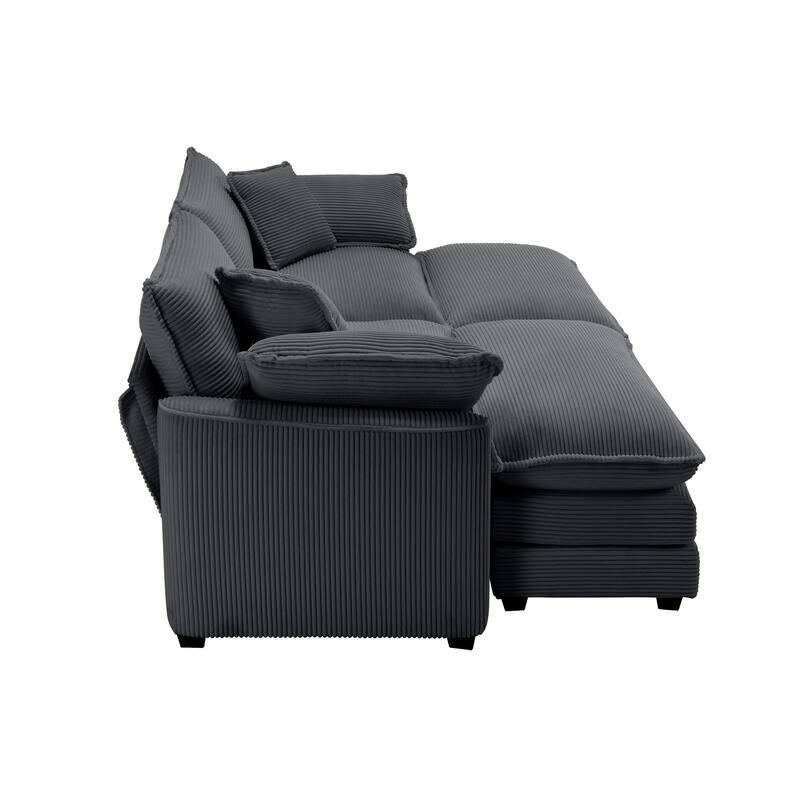 Grey Corduroy Cloud Sleeper Sofa with 2 Ottomans and 4 Pillows