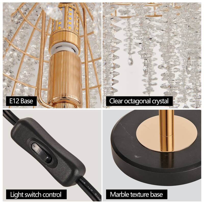 19"(H) Elegant Crystal Table Lamp - Vintage Waterfall Design with Crystal Bead String Shades and Marble Textured Base