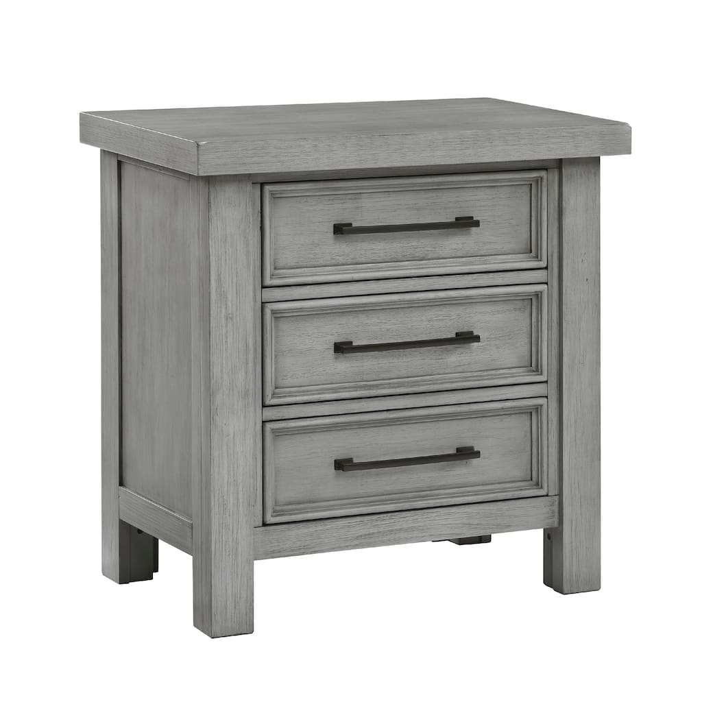 Daisy Nightstand, Gray Mango Veneer, 3 Drawers, Bronze Metal Knobs