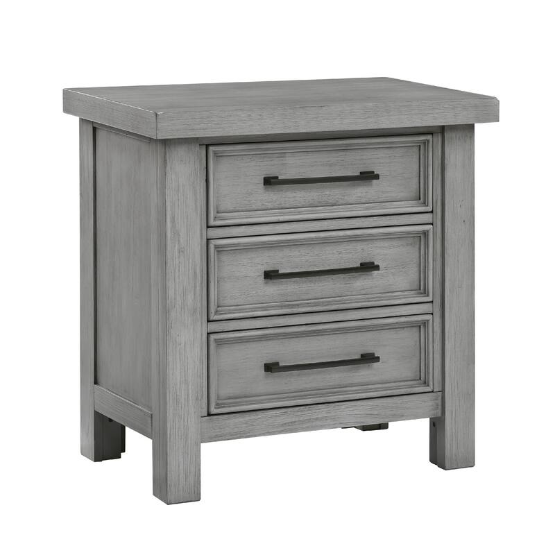 Daisy Nightstand, Gray Mango Veneer, 3 Drawers, Bronze Metal Knobs