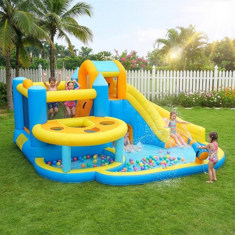 Oxford Cloth Inflatable Castle Bounce House In Blue And Yellow With Curved Slide, Whack-A-Mole & Water Play Function - N/A