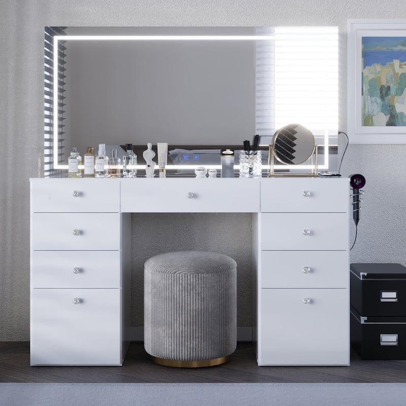 Smart Makeup Vanity Desk with LED Lighted Mirror, Bluetooth Speakers, Glass Top & 11 Drawers, White