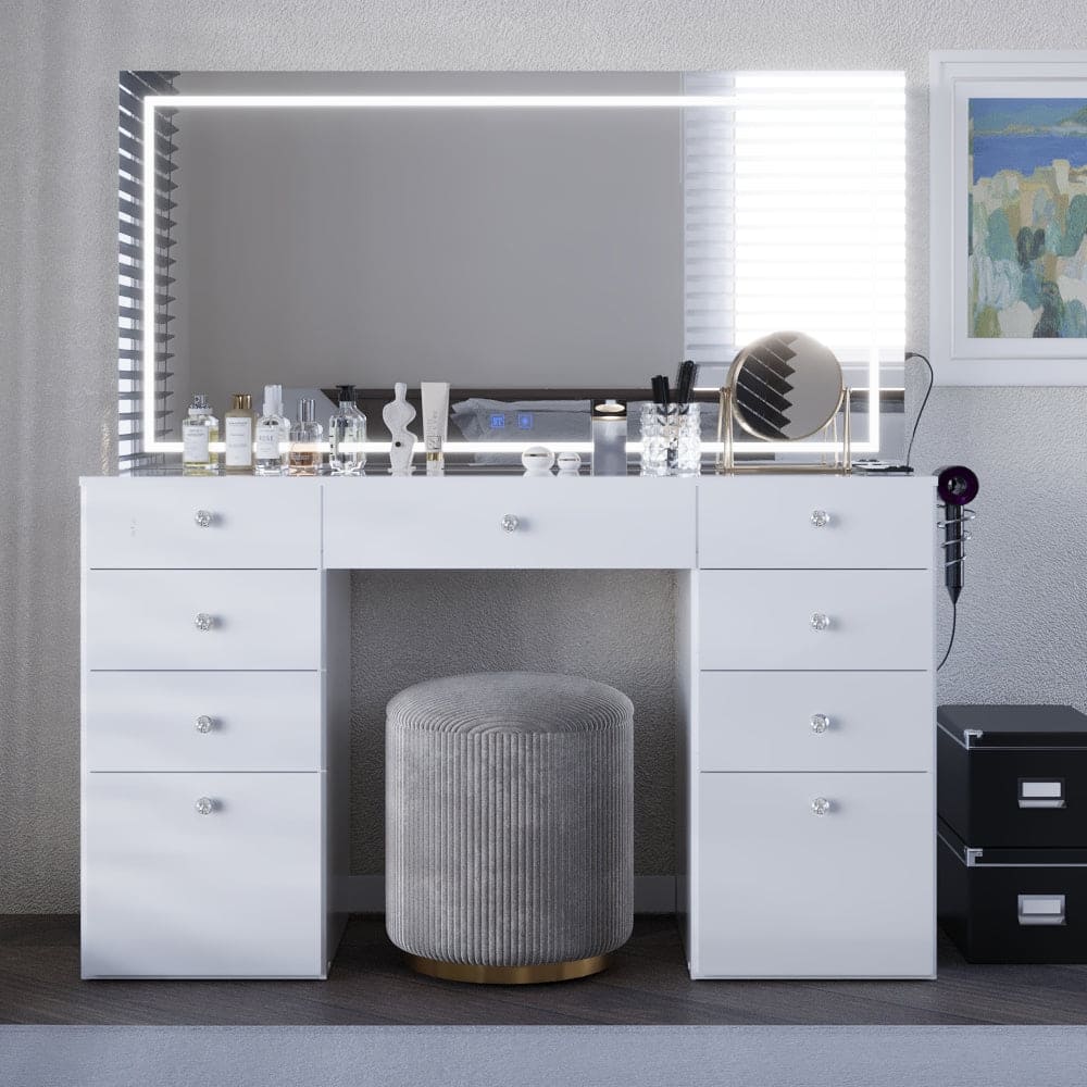 Smart Makeup Vanity Desk with LED Lighted Mirror, Bluetooth Speakers, Glass Top & 11 Drawers, White