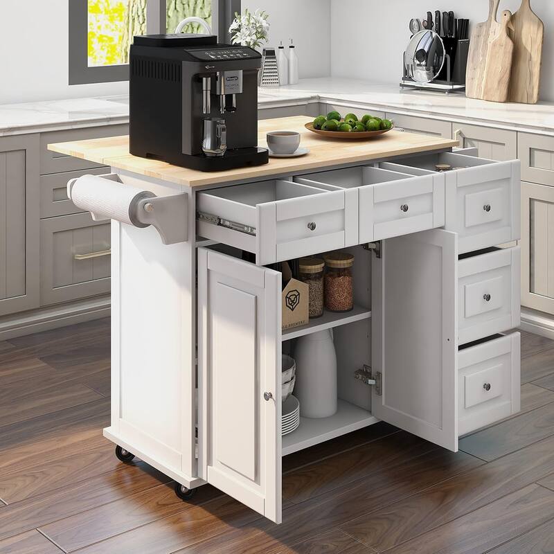 Rolling Kitchen Island with Drop Leaf - Mobile Cart with Wooden Countertop, Spice Rack, Adjustable Shelves & Drawers