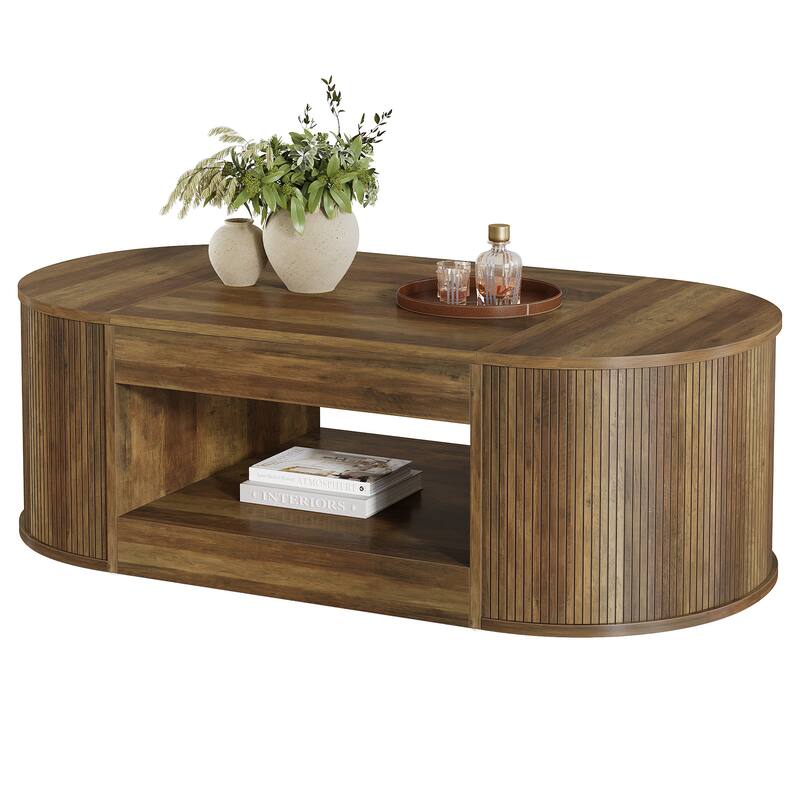 55-Inch Farmhouse Coffee Table, Oval Center Table with Storage