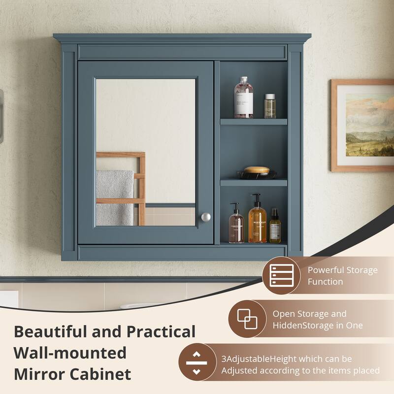 30'' x 28'' Wall Mounted Medicine Cabinet with Mirror, Modern Bathroom Mirror Cabinet with Door and 3 Open Shelves