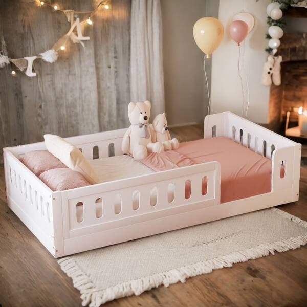 slide 2 of 13, White Wood Twin Size Platform Bed with Guardrail and Semi-enclosed Fence For Toddler