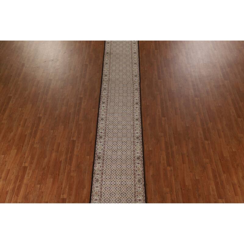 Hand Knotted Oriental Wool & Silk Carpet Traditional Floral Beige & Ivories Tabriz Runner Rug - 20' 4'' X 2' 7''