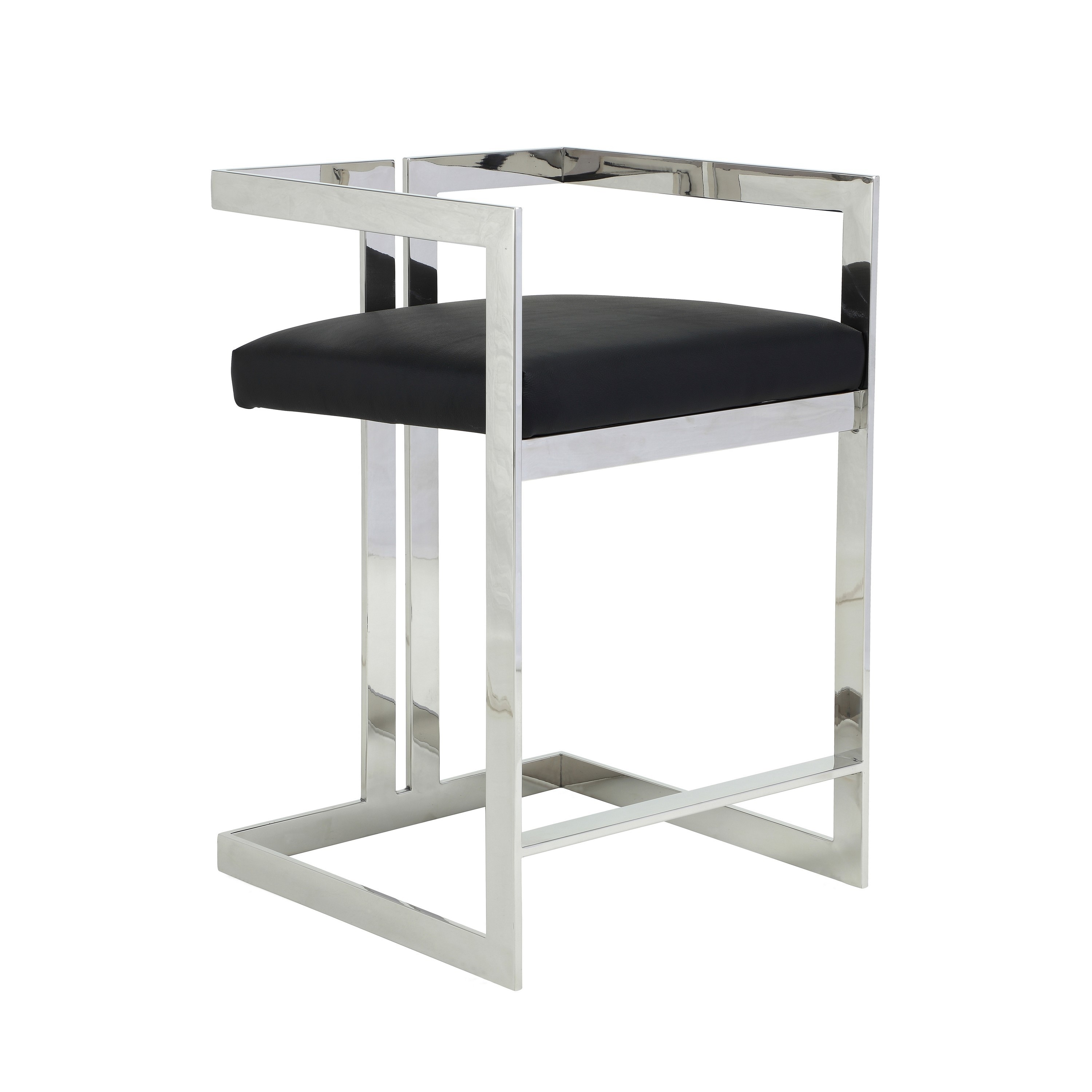 Suki 26 Inch Counter Stool Chair, Black Faux Leather Silver Stainless Steel