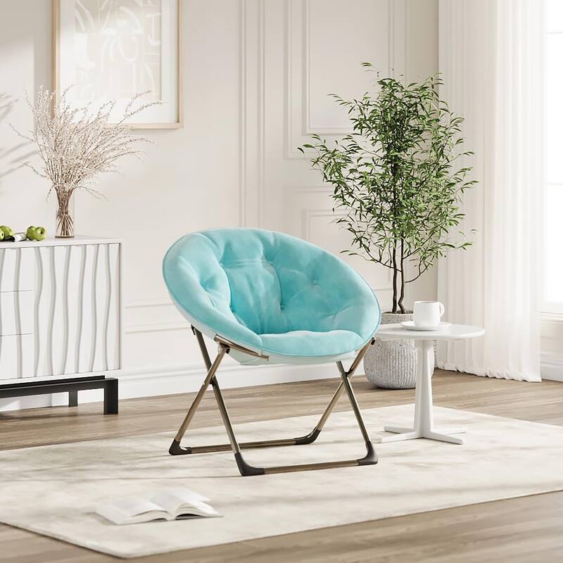 Comfy Folding Saucer Chair for Bedroom, Faux Fur Lounge Moon Chair with Sturdy Metal Frame, Oversized Plush Flower - Blue With Gold Legs