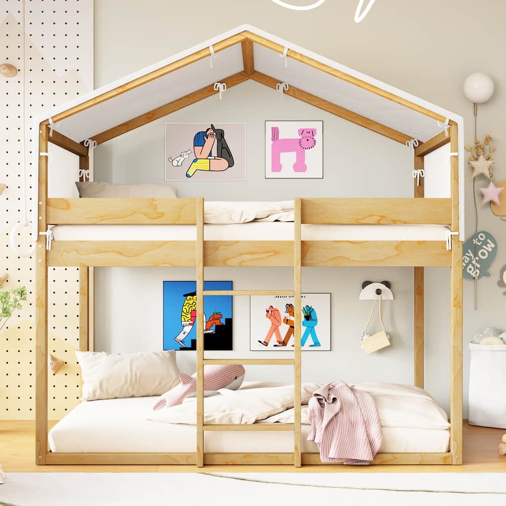 Full of Childlike Charm Bunk Bed with Tent, Twin Over Twin Wood House Bed