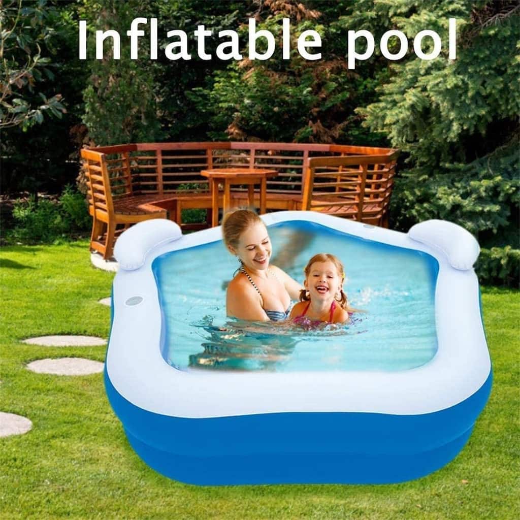 2 Seat Rectangle Inflatable Pool Family Paddling Pool with Headrest Cup Holder - 83.86*81.50*27.17inch