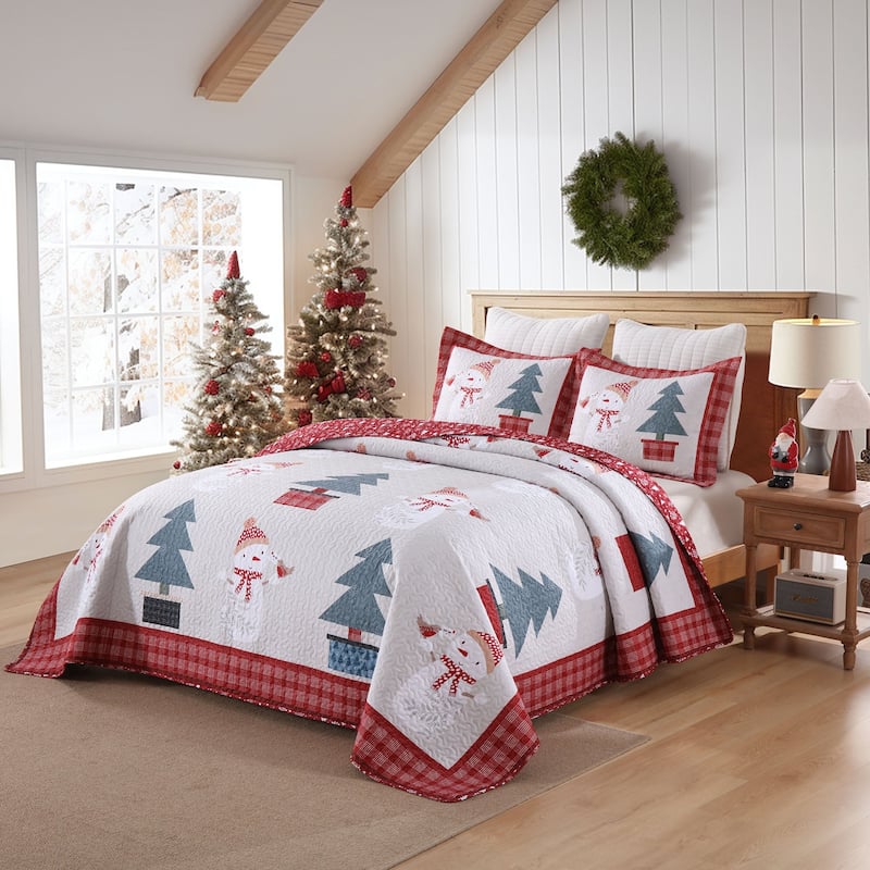 3 Pcs Snowman & Tree Christmas Quilt Bedspread Set