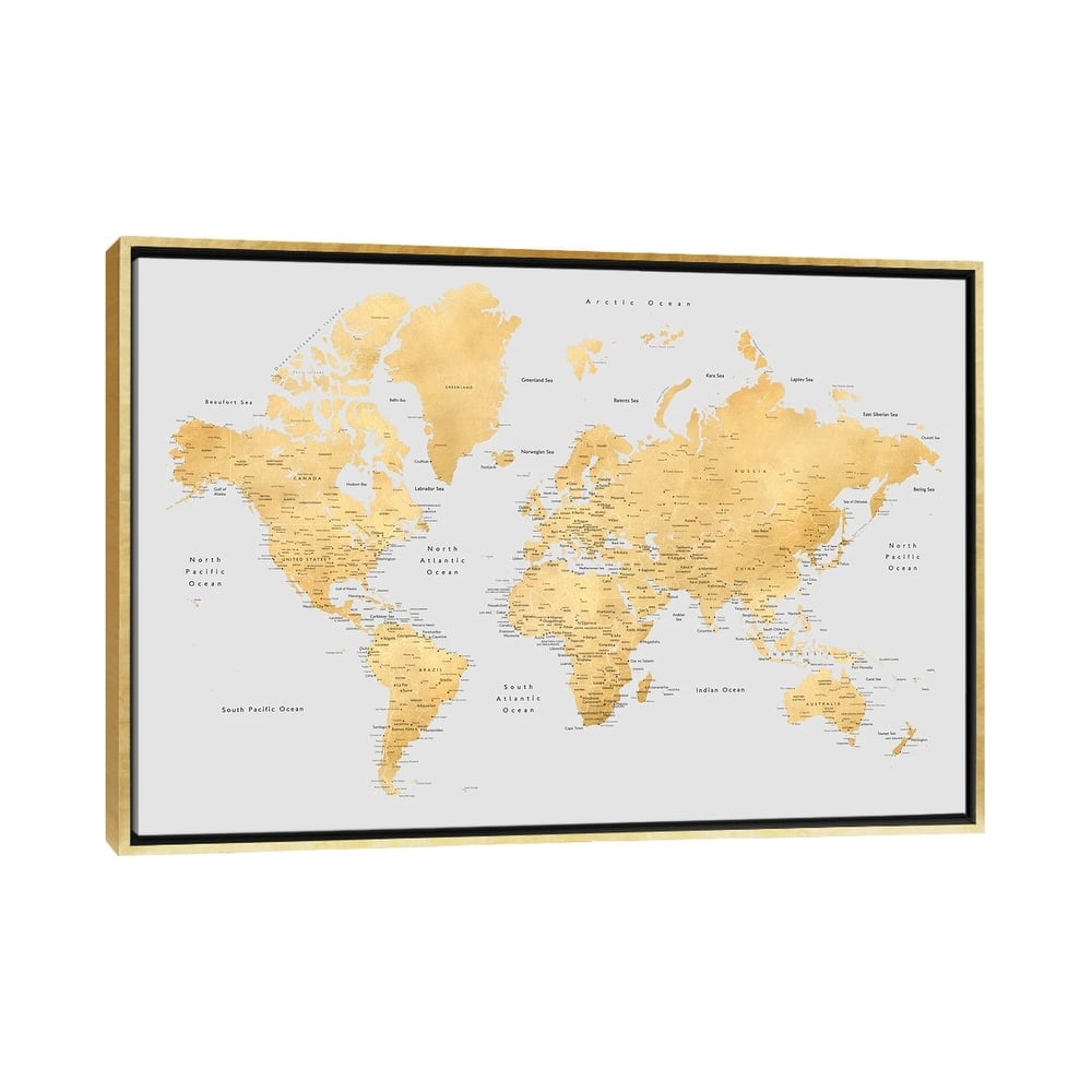 iCanvas "Detailed World Map In Gold And Grey, Everly" by blursbyai Framed Canvas Print
