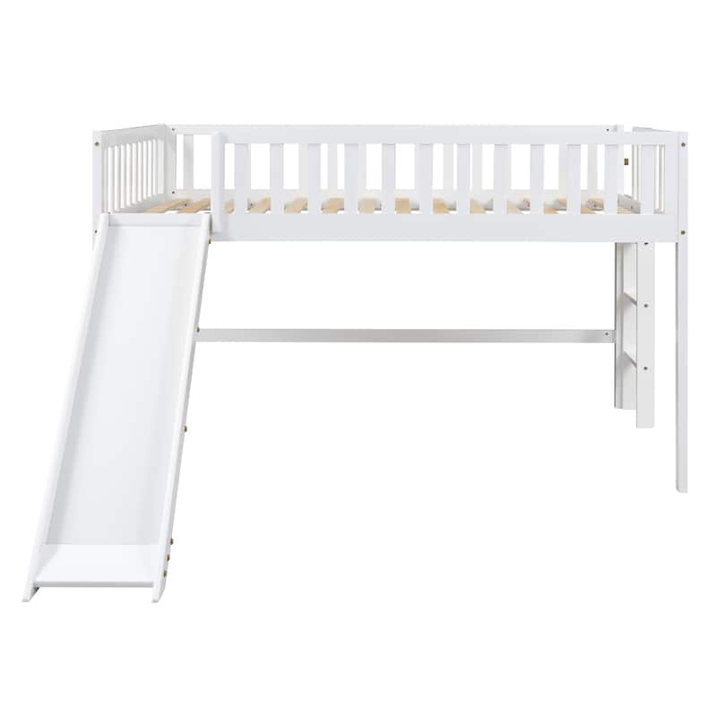 Full Size Low Loft Bed with Ladder and Removable Slide