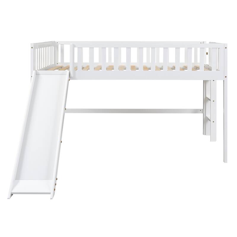 Low Loft Bed Full Size with Ladder and Slide, Solid Wood Full Loft Bed Frame with Full-Length Guardrail for Kids, Boys, Girls