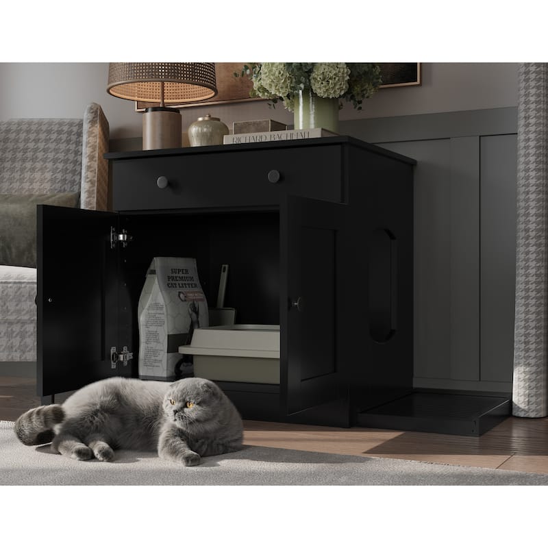 Palace Imports 100% Solid Wood Ziva 2-Door Cat Litter Box Enclosure with 2-Drawers and Litter Catch
