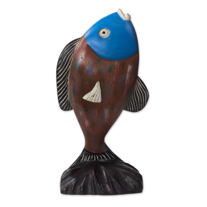 Novica Handmade Opportunistic Fish Wood Sculpture