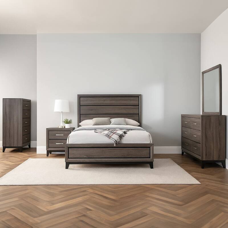 Mela 5pc Queen Bed Set, Nightstand Dresser Chest and Mirror, Oak Gray