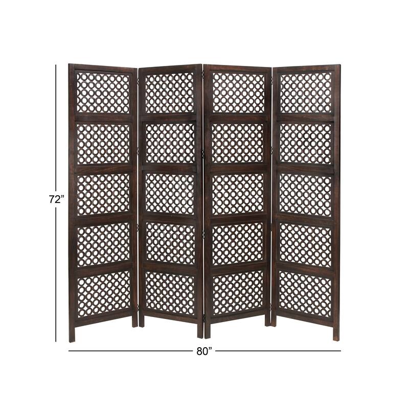 Brown Wooden Handmade Hinged Foldable Partition 4 Panel Floral Partition Room Divider Screen with Intricately Carved Designs