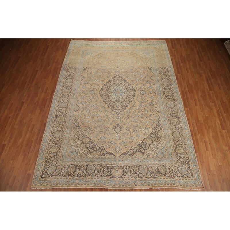 Hand Knotted Oriental 100% Wool Carpet Traditional Floral Peach Kashan Area Rug - 12' 10'' X 9' 4''