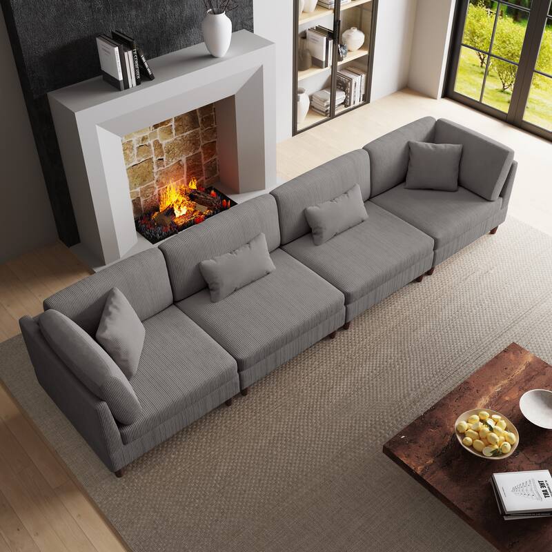 4-Piece Modern Corduroy Modular Sectional Sofa with pillows For Living Room