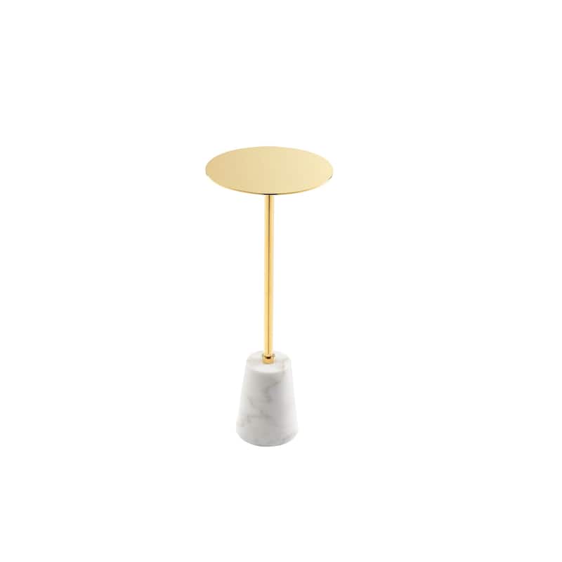 Sen 8 Inch Side End Drink Table, Round, White Genuine Marble, Gold Finish