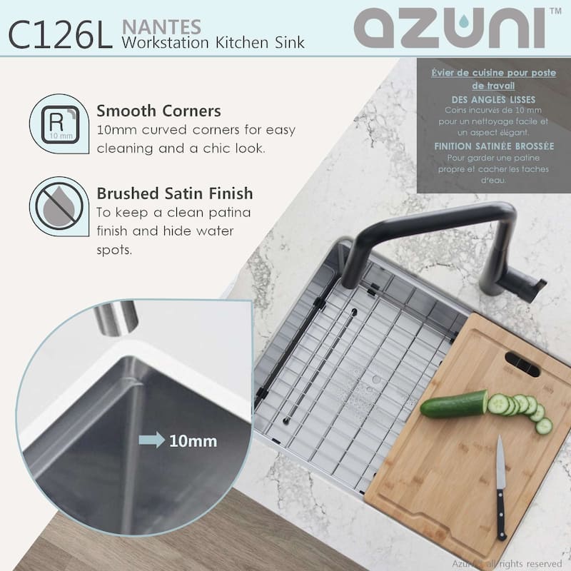 AZUNI 25"L x 19"L Single Bowl Undermount 16G Reversible Workstation Kitchen Sink with accessories C126L - 25" x 19" x 10"