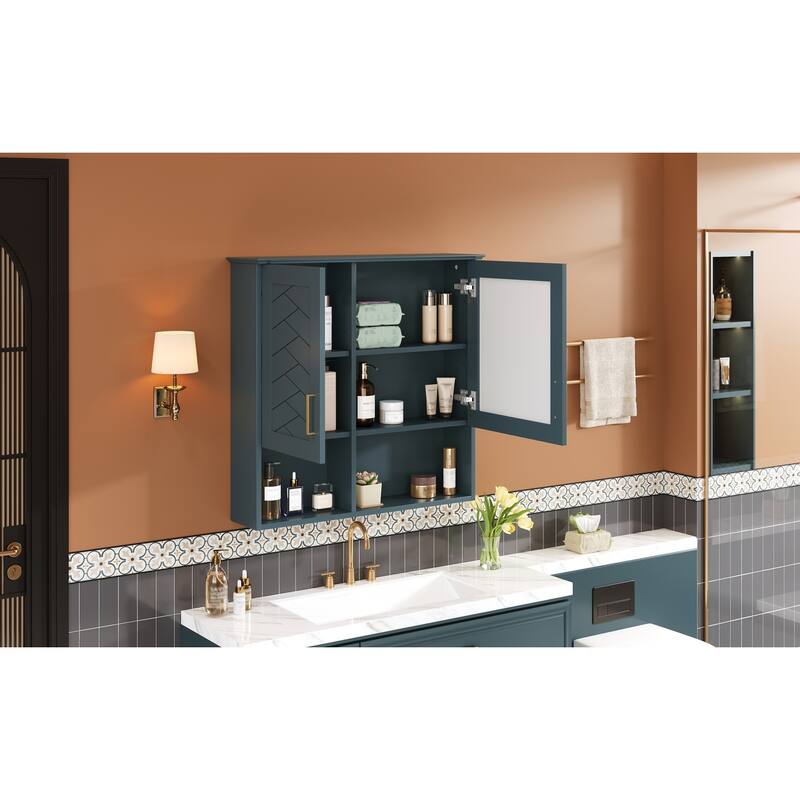Rossetta Wall Mounted Elegant Sculpted Lines Pattern Bathroom High-Define Mirror Cabinet with Adjustable Shelves