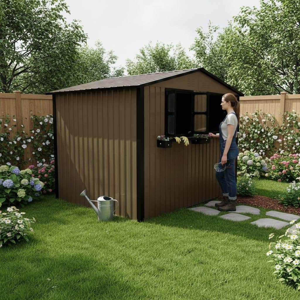 6x9 FT Outdoor Metal Storage Shed with Window & Flower Rack,Lockable Double Doors Tool Shed,Waterproof Weatherproof Garden Shed