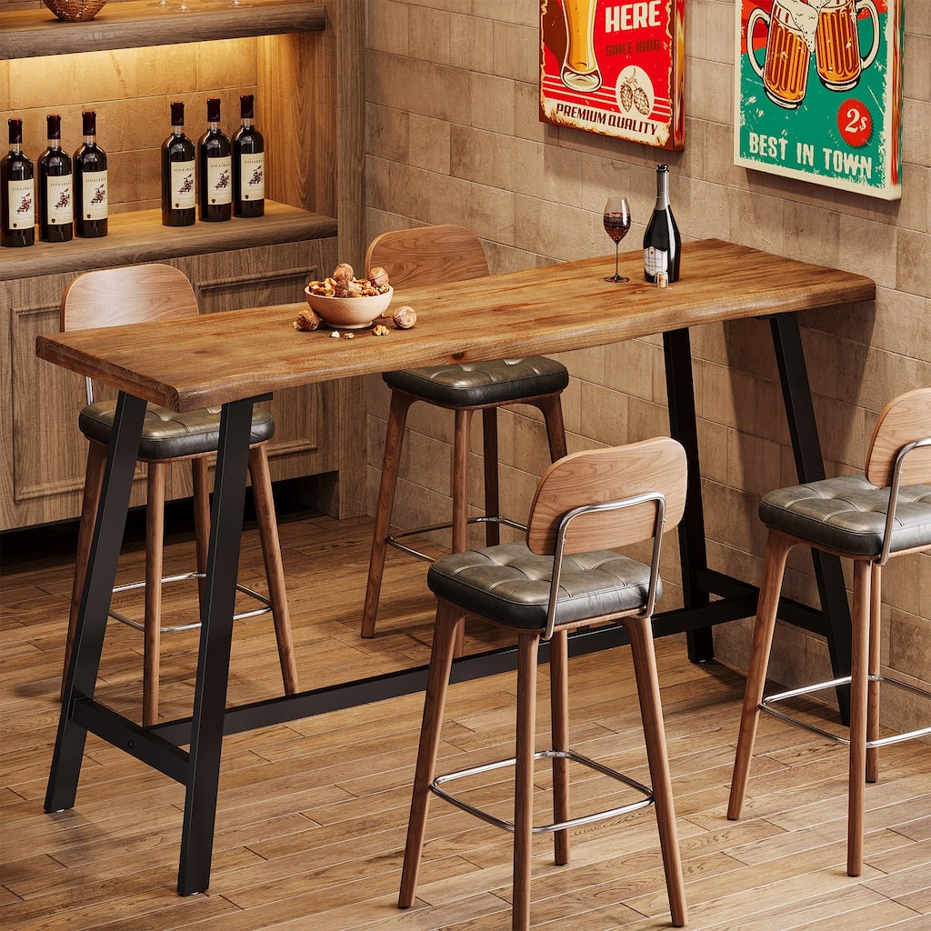 55.1-Inch Solid Wood Bar Table with Sturdy Metal Frame