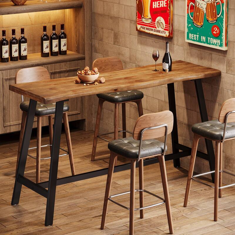 Solid Wood Bar Table, 55.1-Inch Counter Height Pub Table with Sturdy Metal Frame