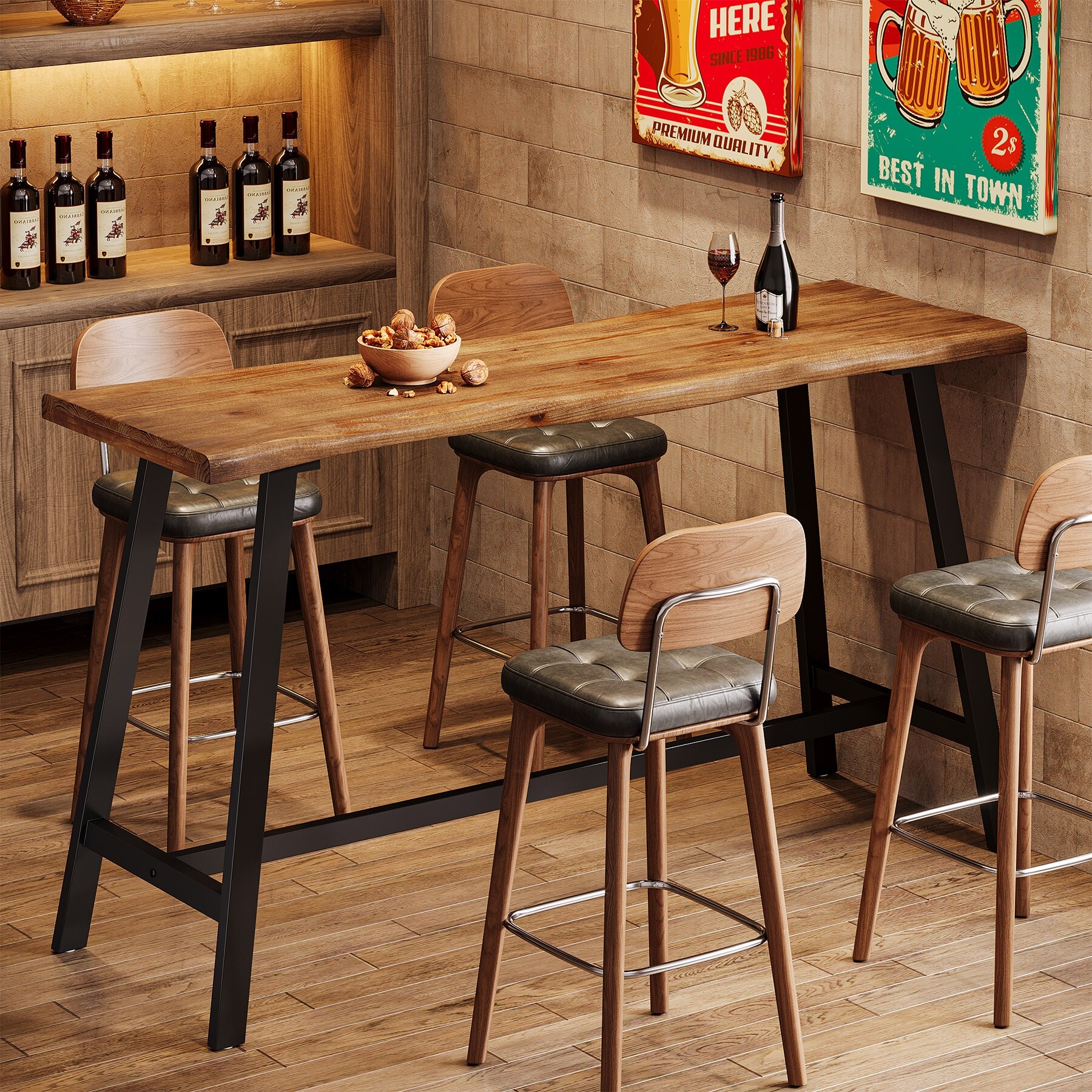 Solid Wood Bar Table, 55.1-Inch Counter Height Pub Table with